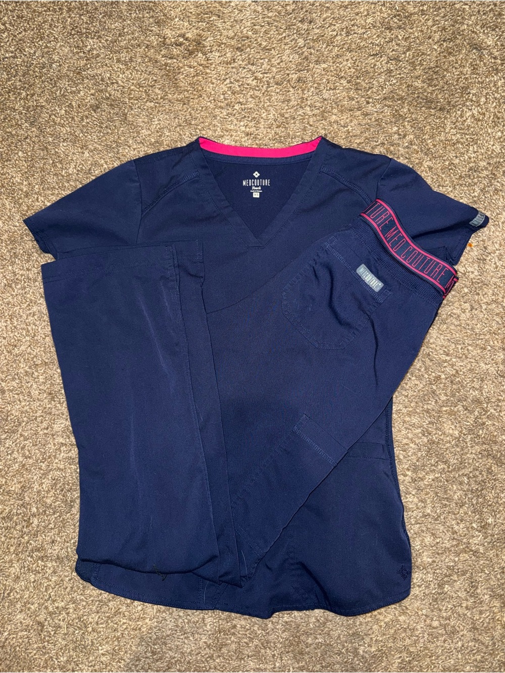 Med Couture Navy Scrub Top and Bottom with Pink Trim